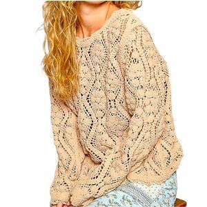 POL Cotton Crochet Knit Sweater in Mocha - Soft Chenille Feel
